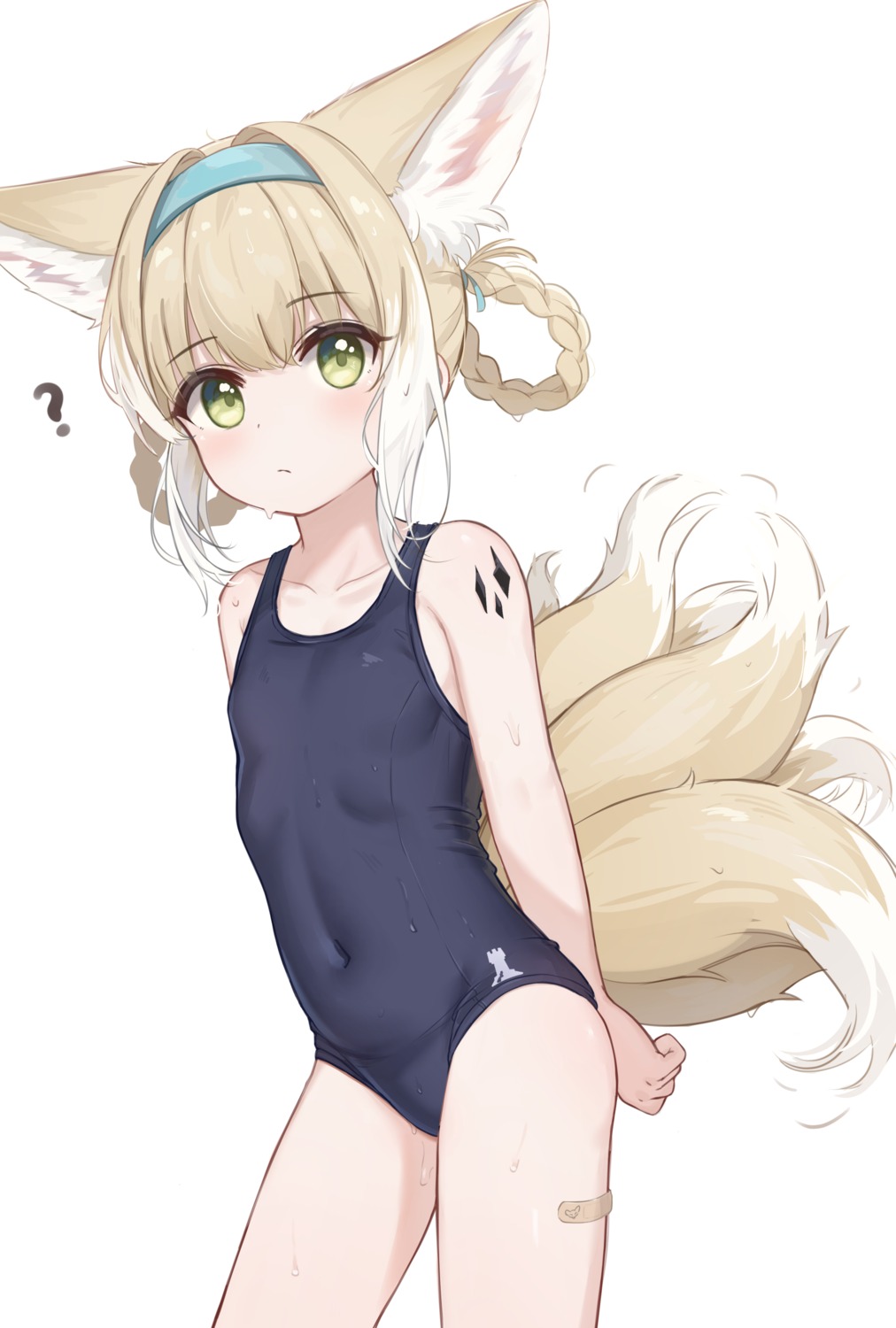 animal_ears arknights bandaid hawawa kitsune loli school_swimsuit suzuran_(arknights) swimsuits tail