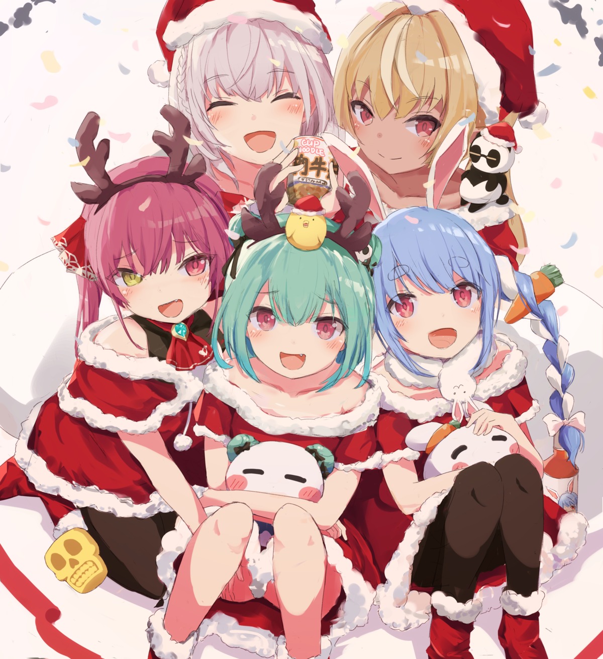 animal_ears bunny_ears christmas dress heterochromia hololive horns houshou_marine pantsu pantyhose remini shiranui_flare shirogane_noel skirt_lift uruha_rushia usada_pekora