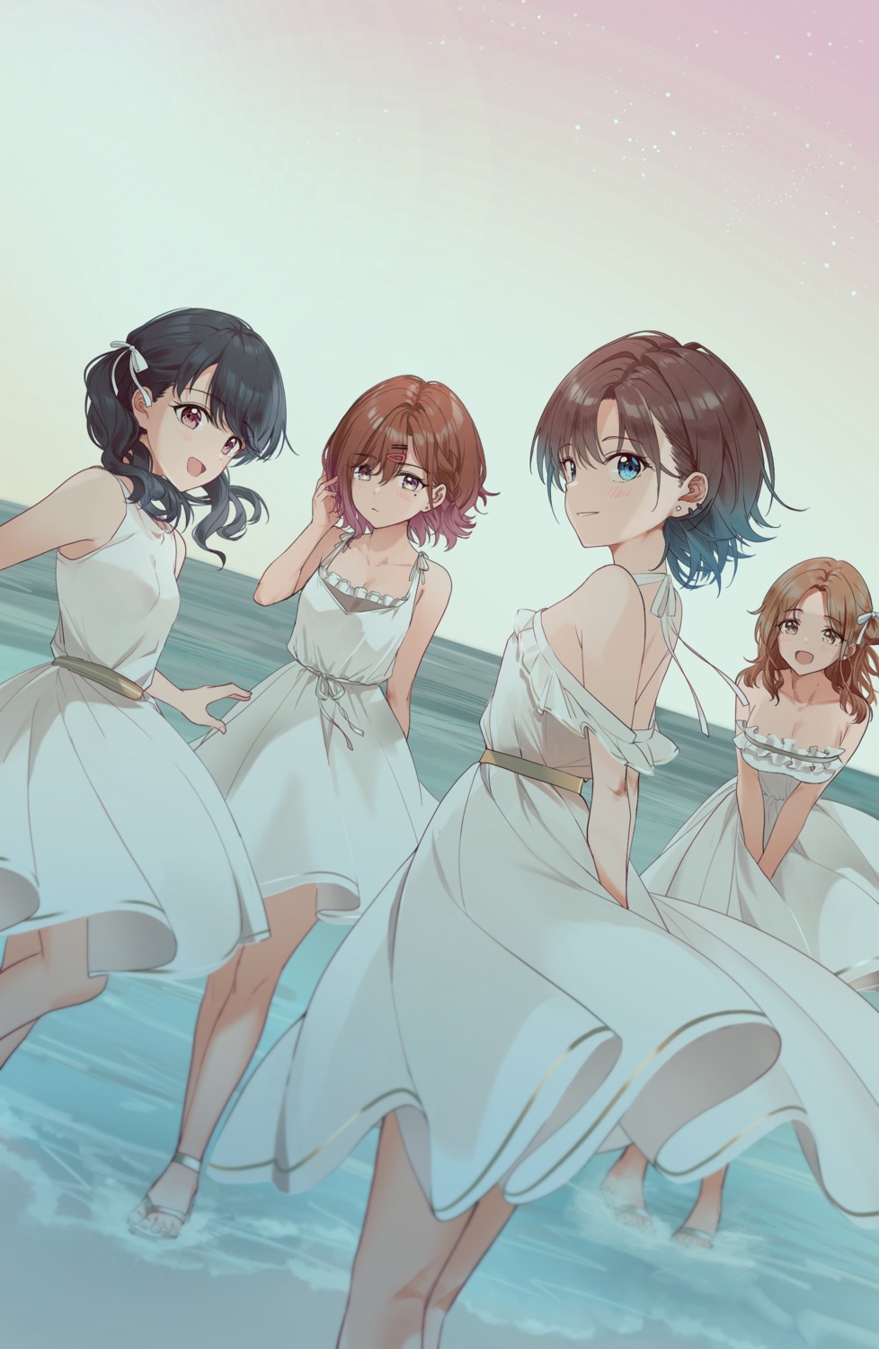 asakura_tooru cleavage dress fukumaru_koito heels higuchi_madoka ichikawa_hinana no_bra nonbire open_shirt skirt_lift summer_dress the_idolm@ster the_idolm@ster_shiny_colors wet