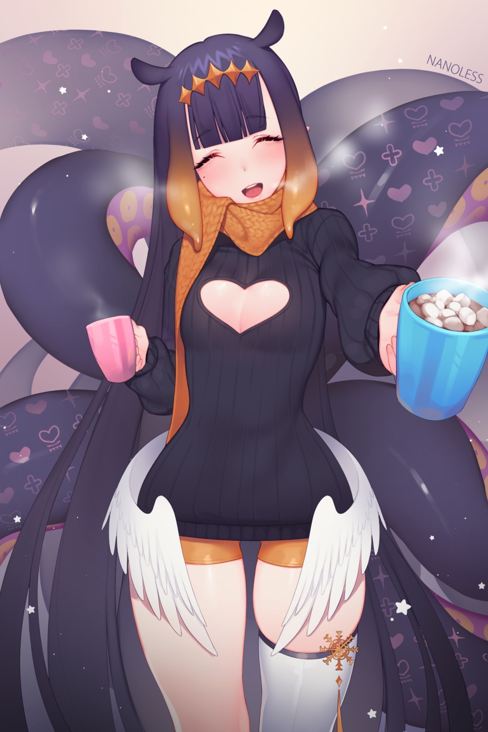 bike_shorts cleavage hololive hololive_english nanoless ninomae_ina'nis no_bra sweater tentacles thighhighs wings