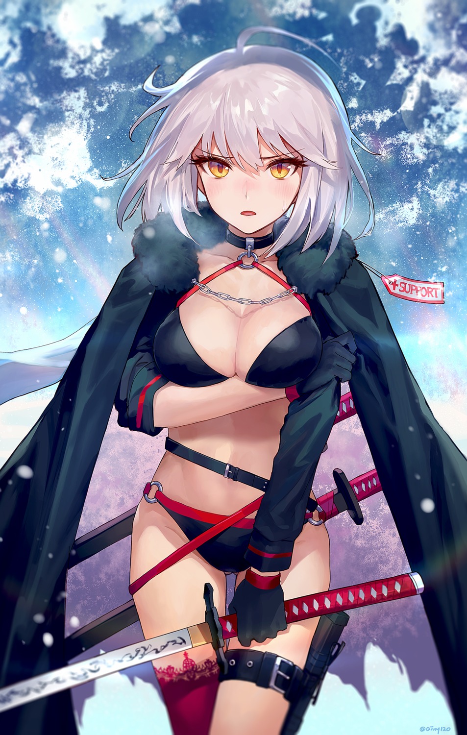 ainy bikini breast_hold cleavage fate/grand_order garter jeanne_d'arc jeanne_d'arc_(alter)_(fate) open_shirt swimsuits sword