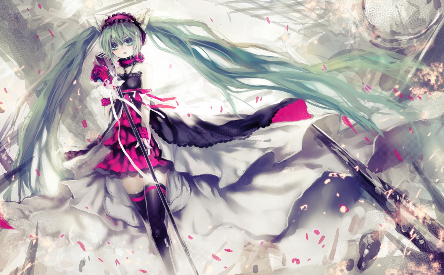 7th_dragon_2020-ii ao_jun dress hatsune_miku headphones thighhighs vocaloid