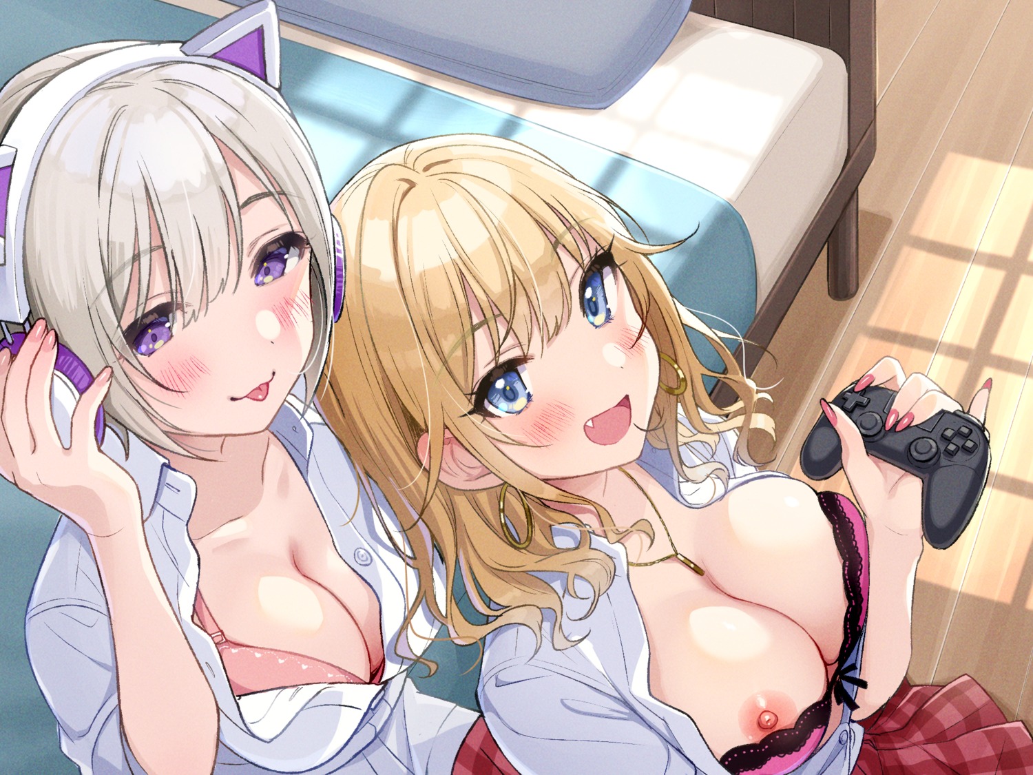 animal_ears bra breasts headphones nekomimi nipples open_shirt seifuku tsukana_(saba_mizore)