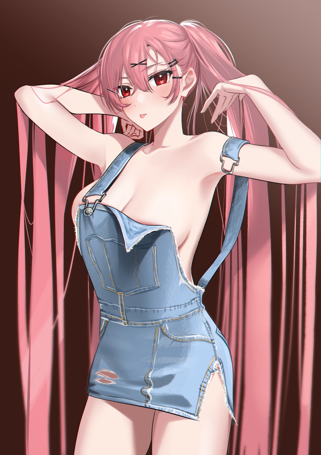 gou_d no_bra overalls torn_clothes wardrobe_malfunction