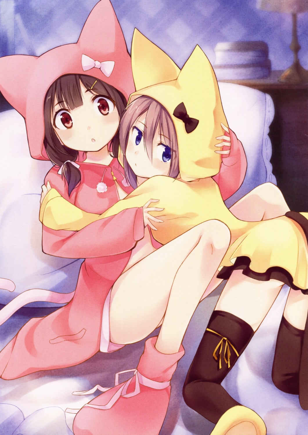 kyuri open_shirt pajama tail thighhighs yuri