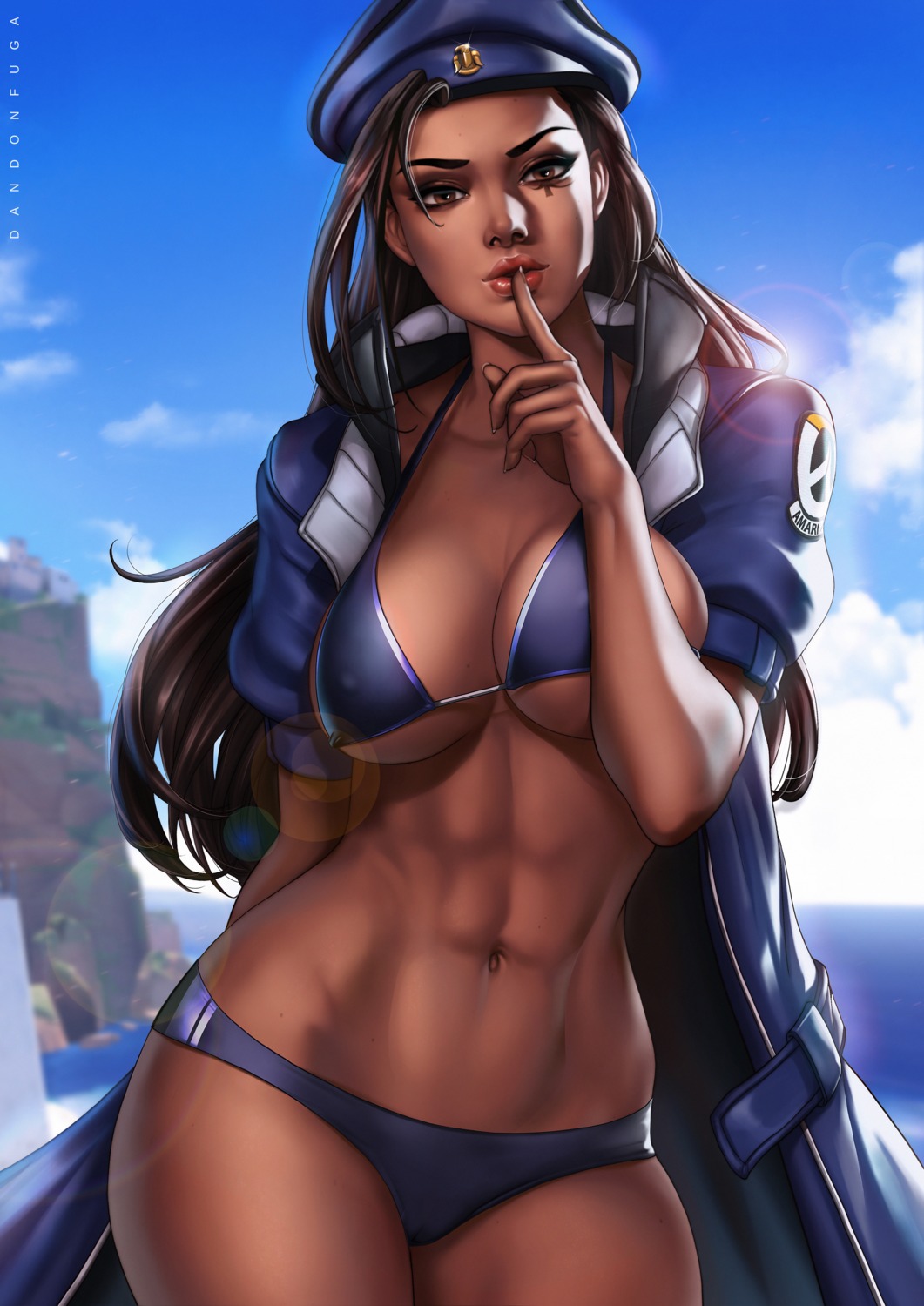 ana_(overwatch) autographed bikini breast_hold cameltoe cleavage dandon_fuga erect_nipples open_shirt overwatch swimsuits tattoo