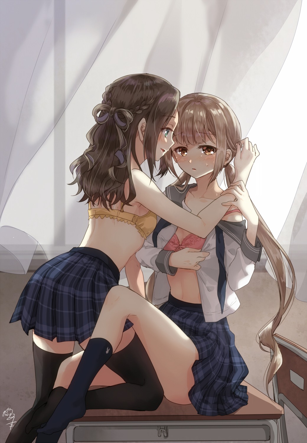 bra cleavage nekozuki_yuki open_shirt seifuku thighhighs yuri