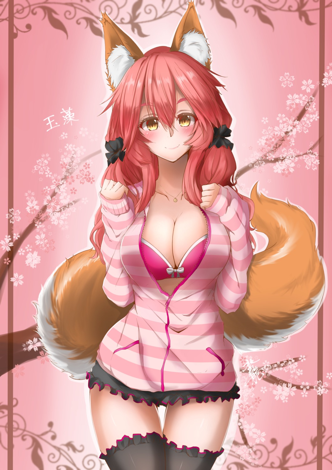 animal_ears bra cleavage fate/grand_order open_shirt suiiryu tail tamamo_no_mae thighhighs