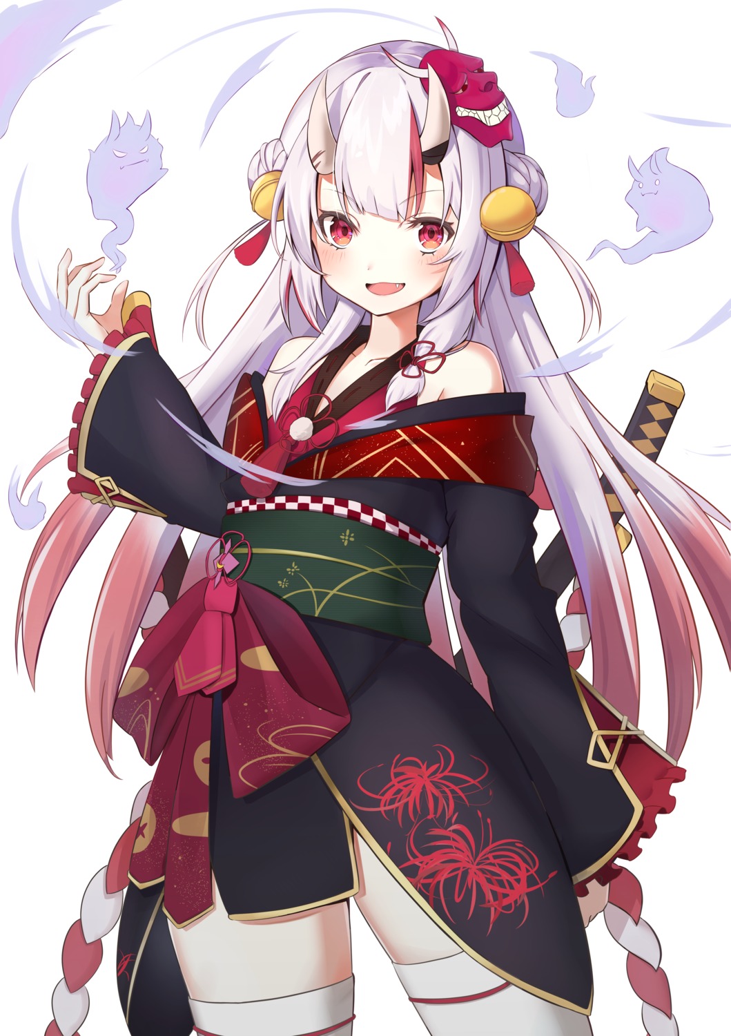 appo_(36786257) hololive horns japanese_clothes nakiri_ayame sword thighhighs