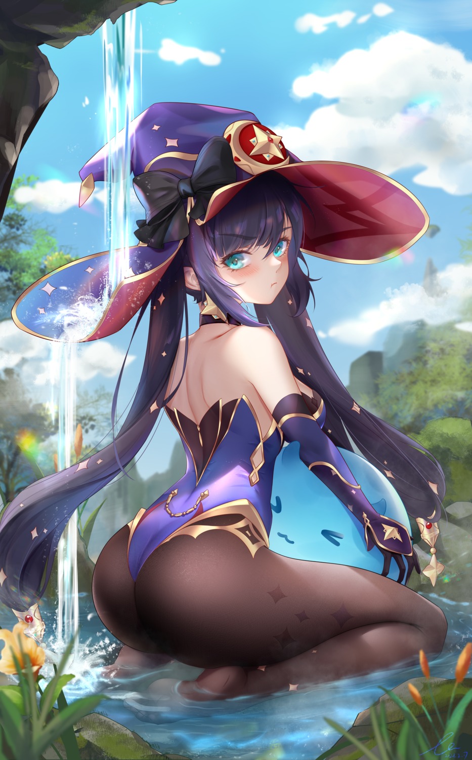 ass genshin_impact leotard liu_liaoliao mona_megistus no_bra pantyhose thong wet witch