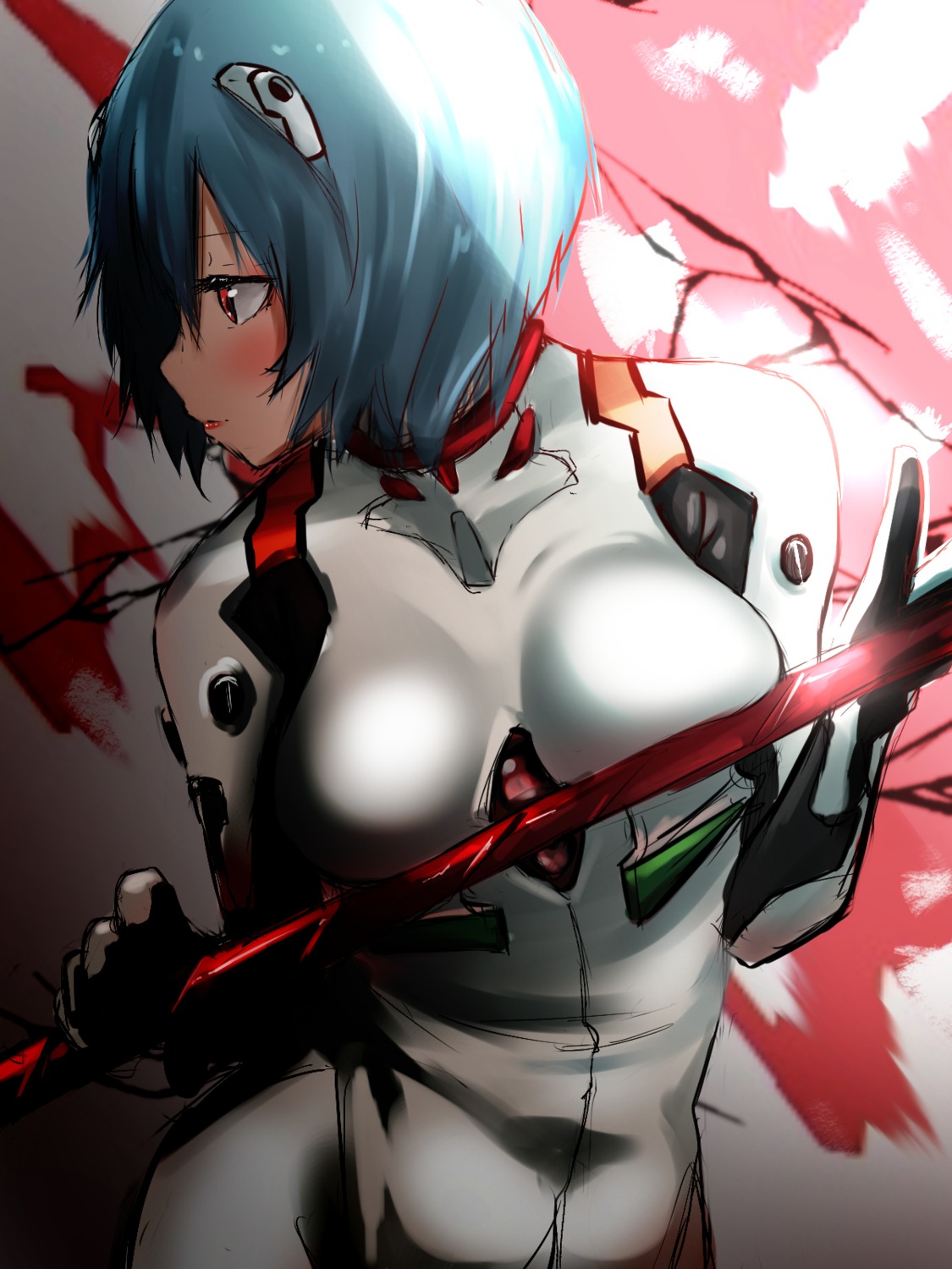 ayanami_rei bodysuit breast_hold neon_genesis_evangelion tama_(seiga46239239) weapon