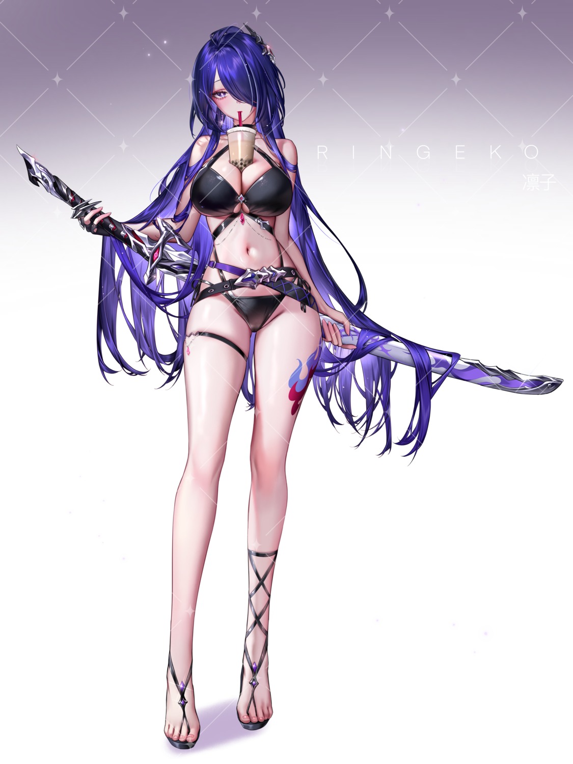 acheron bikini garter honkai:_star_rail ringeko-chan swimsuits sword tattoo