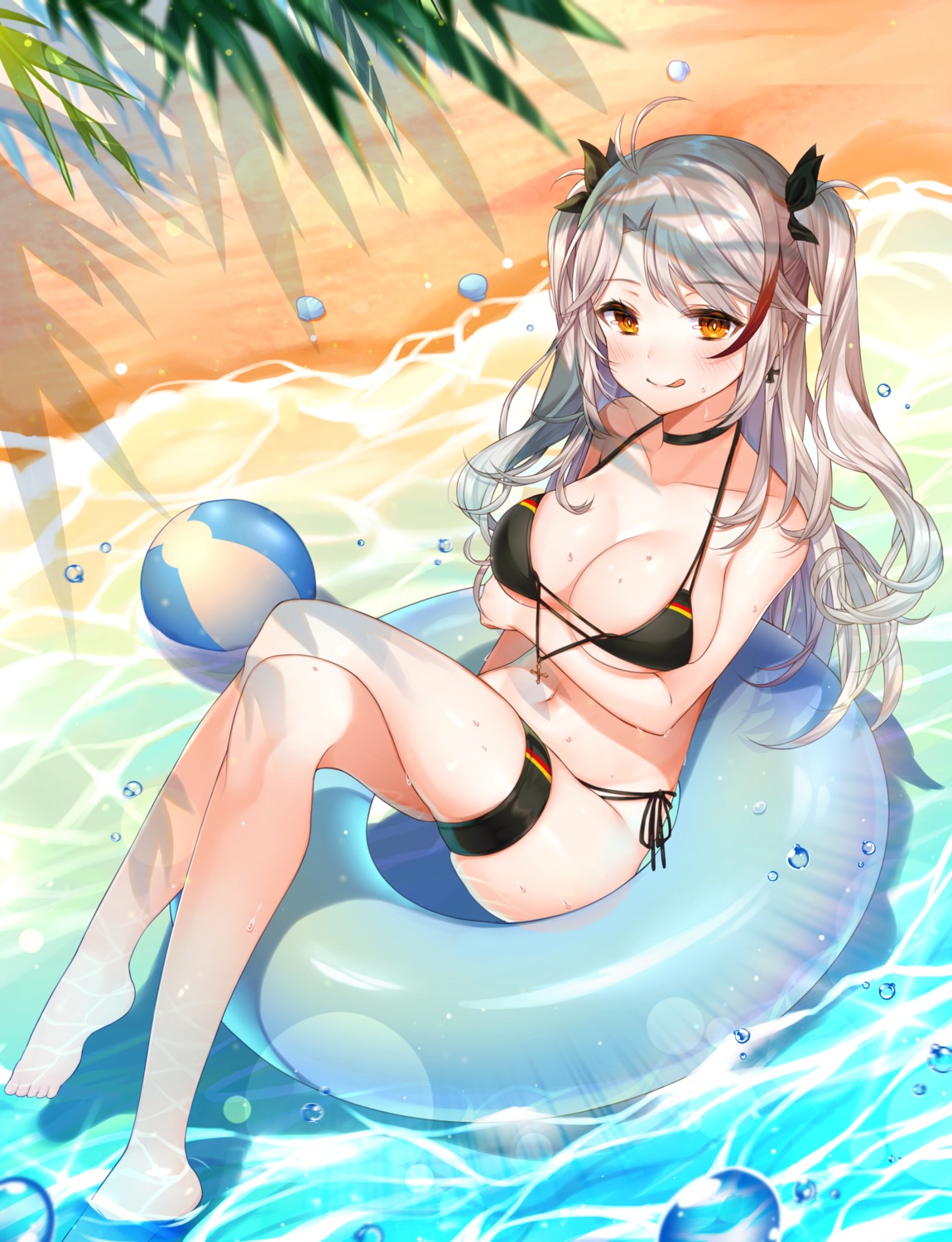 azur_lane bikini breast_hold feet garter prinz_eugen_(azur_lane) reel_(riru) swimsuits wet