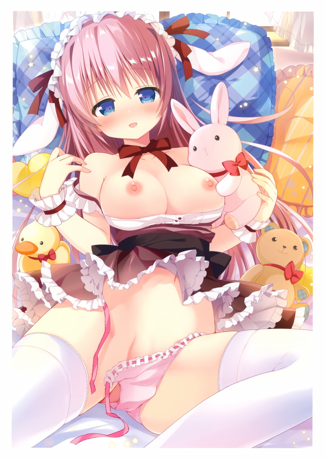 animal_ears breasts nagayama_yuunon nipples no_bra pantsu skirt_lift string_panties thighhighs wardrobe_malfunction