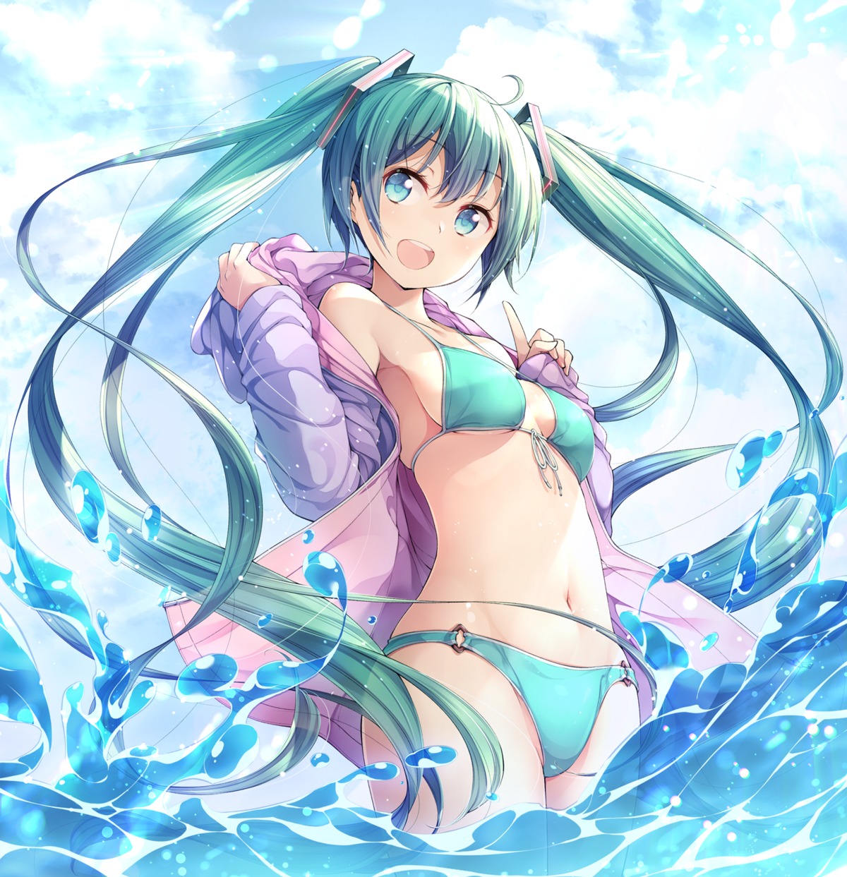 artist_revision bikini cleavage hatsune_miku matsuuni open_shirt swimsuits undressing vocaloid wet