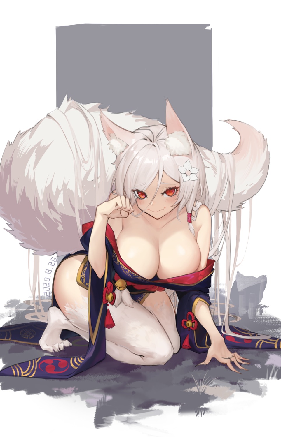 animal_ears breasts japanese_clothes kami_otona kitsune no_bra open_shirt tail