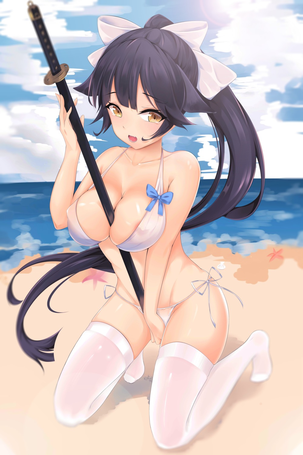 areola azur_lane bikini erect_nipples mikawa_sansen swimsuits sword takao_(azur_lane) thighhighs