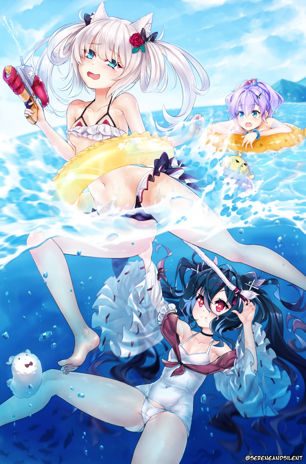 animal_ears azur_lane bikini cameltoe gun hammann_(azur_lane) i-168_(azur_lane) javelin_(azur_lane) manjuu_(azur_lane) nekomimi sereneandsilent swimsuits tail thong wet yuri