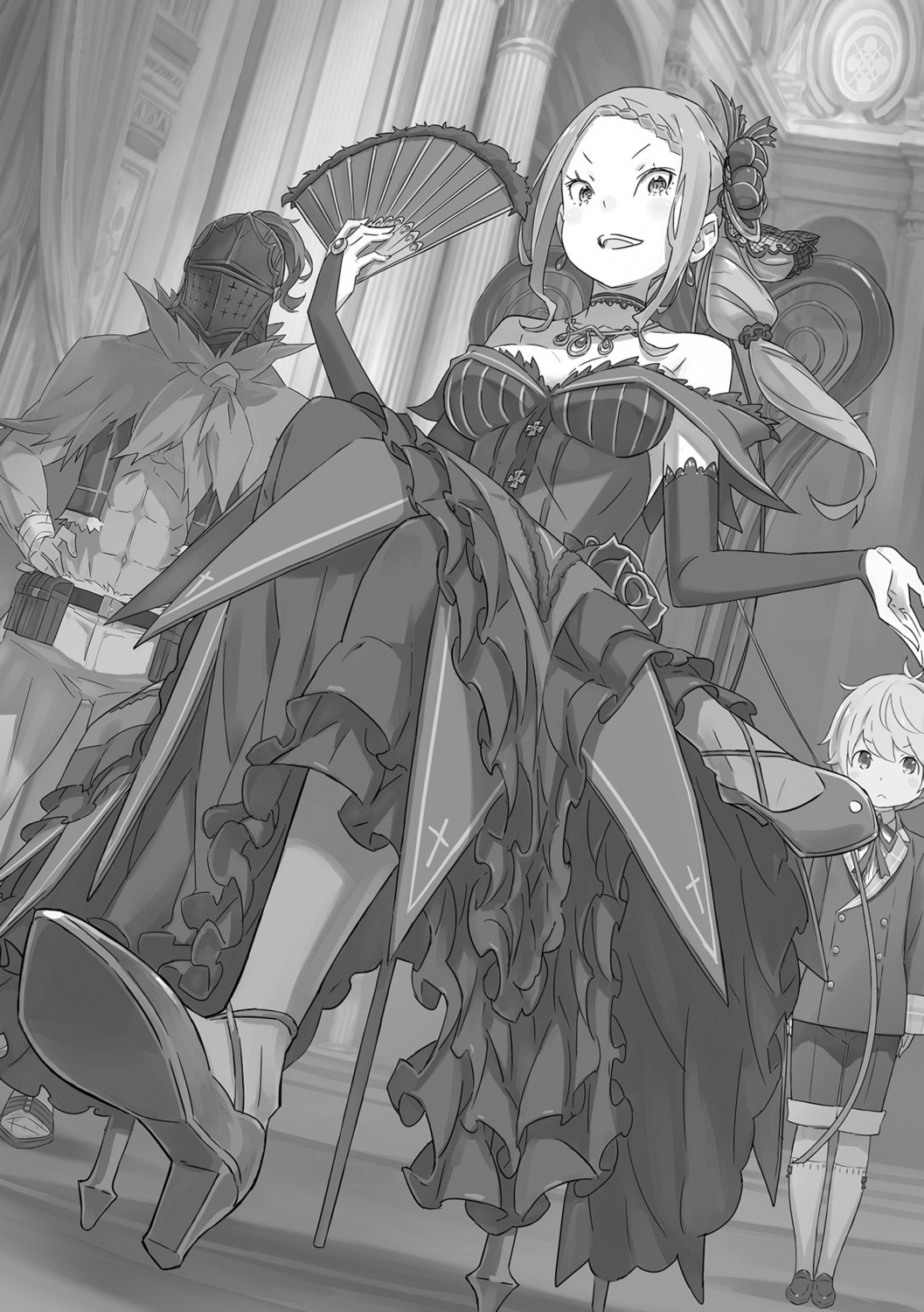 aldebaran_(re_zero) armor bandages dress heels monochrome no_bra ootsuka_shinichirou priscilla_barielle re_zero_kara_hajimeru_isekai_seikatsu schult_(re_zero)