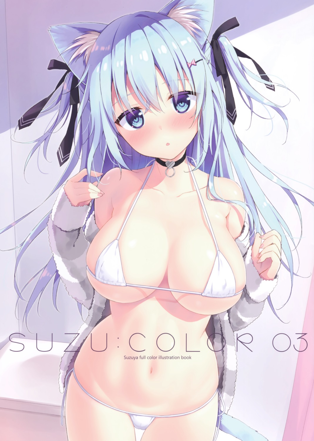 animal_ears bikini erect_nipples nekomimi open_shirt ryohka suzuya swimsuits tail underboob