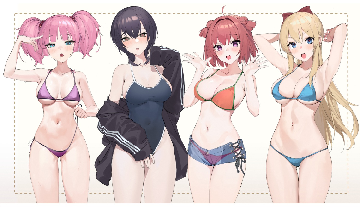 akaza_akari bikini erect_nipples funami_yui pre_(preecho) see_through swimsuits toshinou_kyouko undressing yoshikawa_chinatsu yuru_yuri