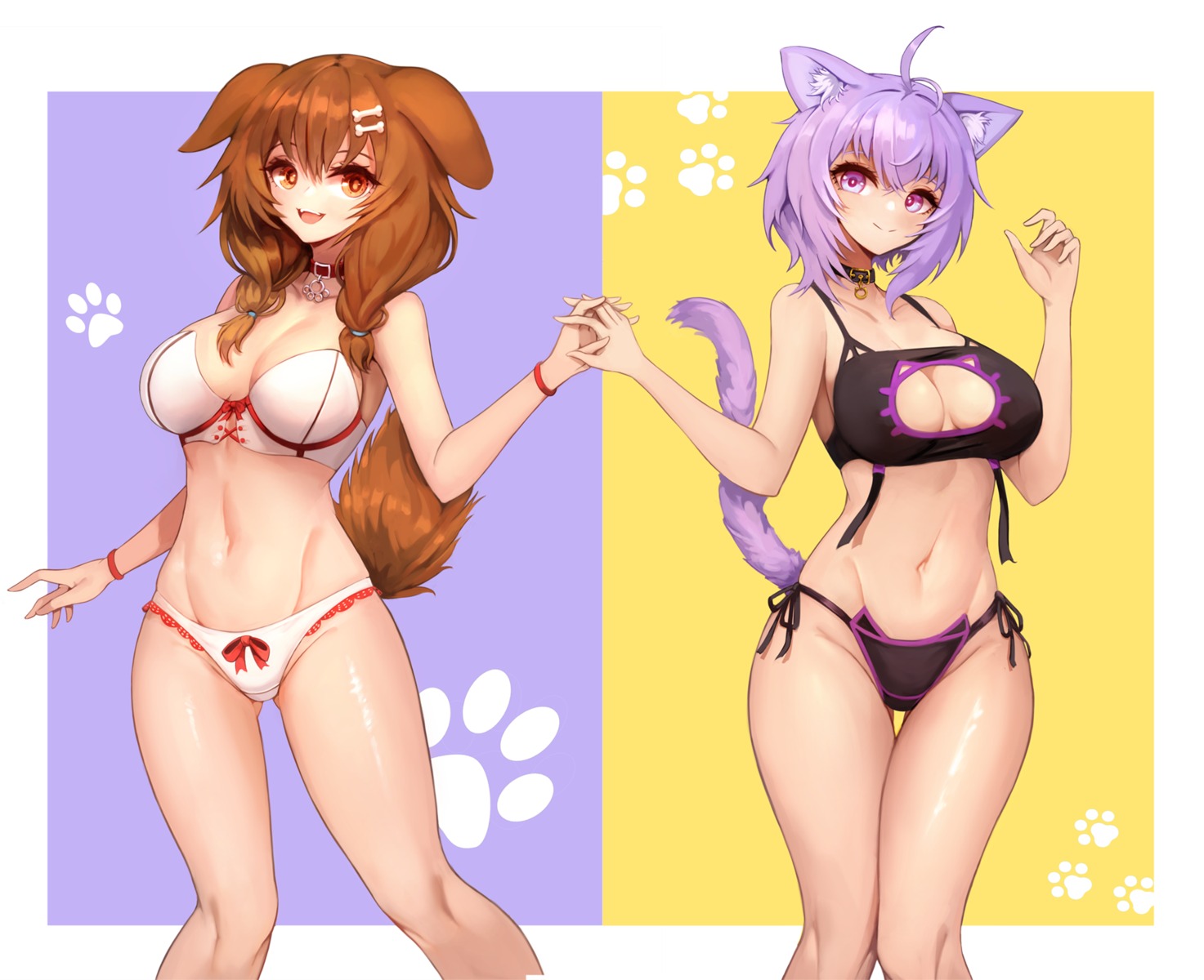 animal_ears bra hololive hololive_gamers inugami_korone inumimi lingerie nekomata_okayu nekomimi notte_(artist) pantsu string_panties tail