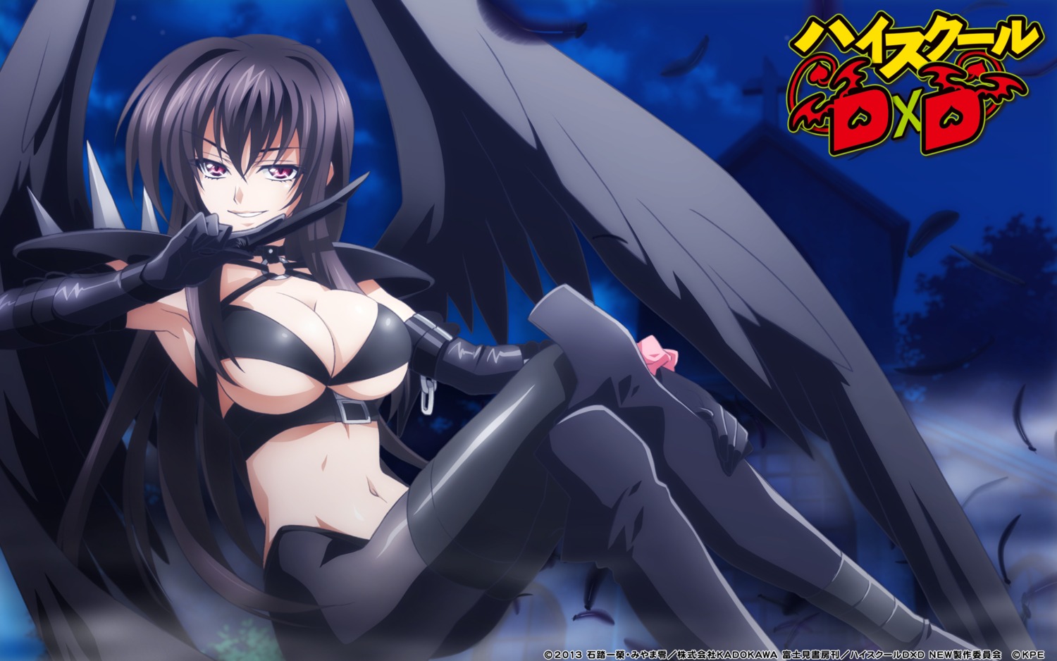 bikini_top cleavage highschool_dxd raynare swimsuits thighhighs underboob wallpaper weapon wings