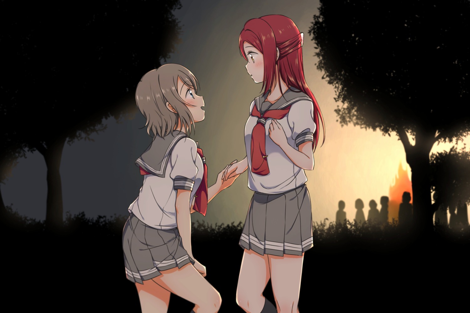 love_live!_sunshine!! sakurauchi_riko seifuku watanabe_you yuchi_(salmon-1000) yuri