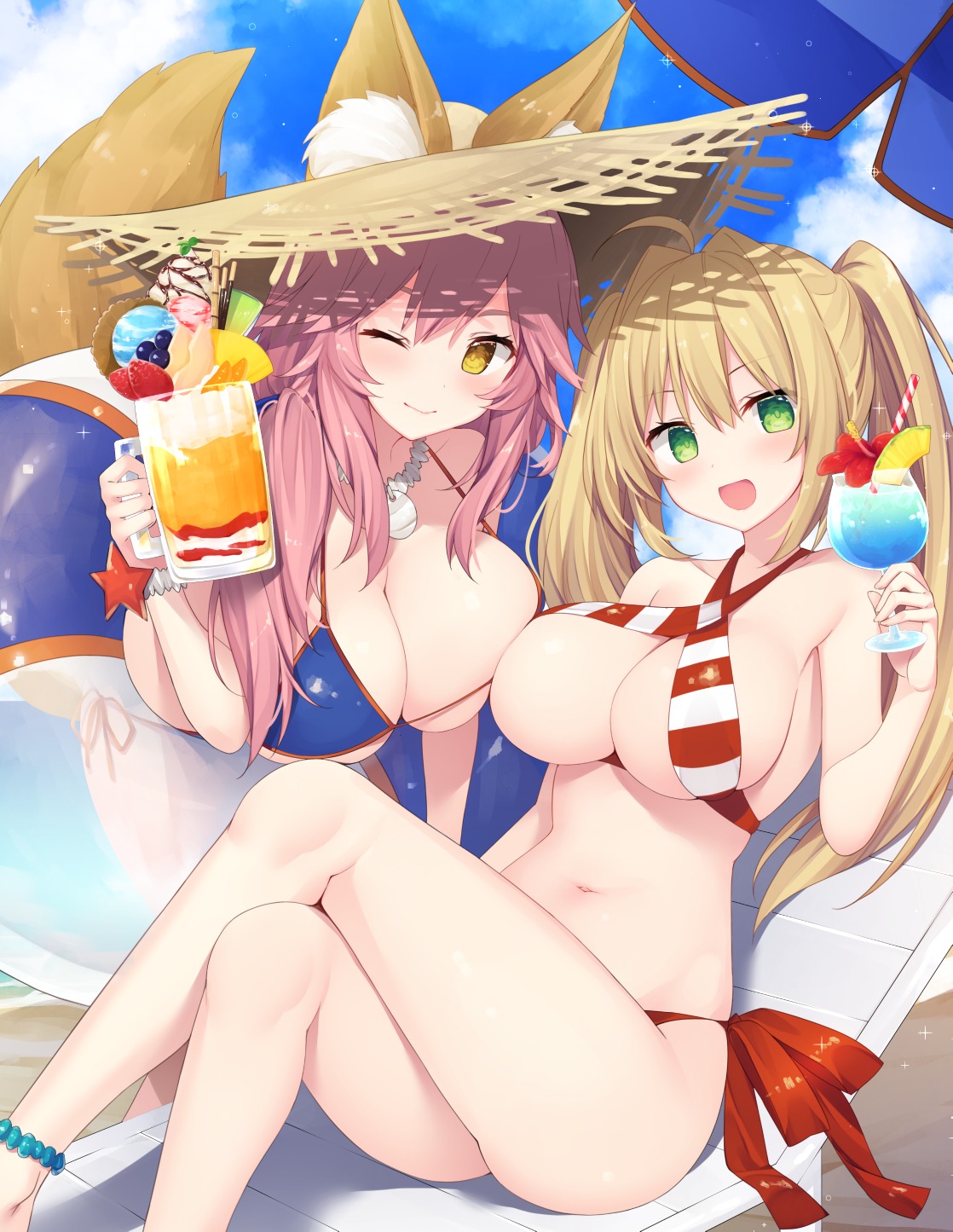 animal_ears bikini fate/grand_order miko_92 saber_extra swimsuits tail tamamo_no_mae