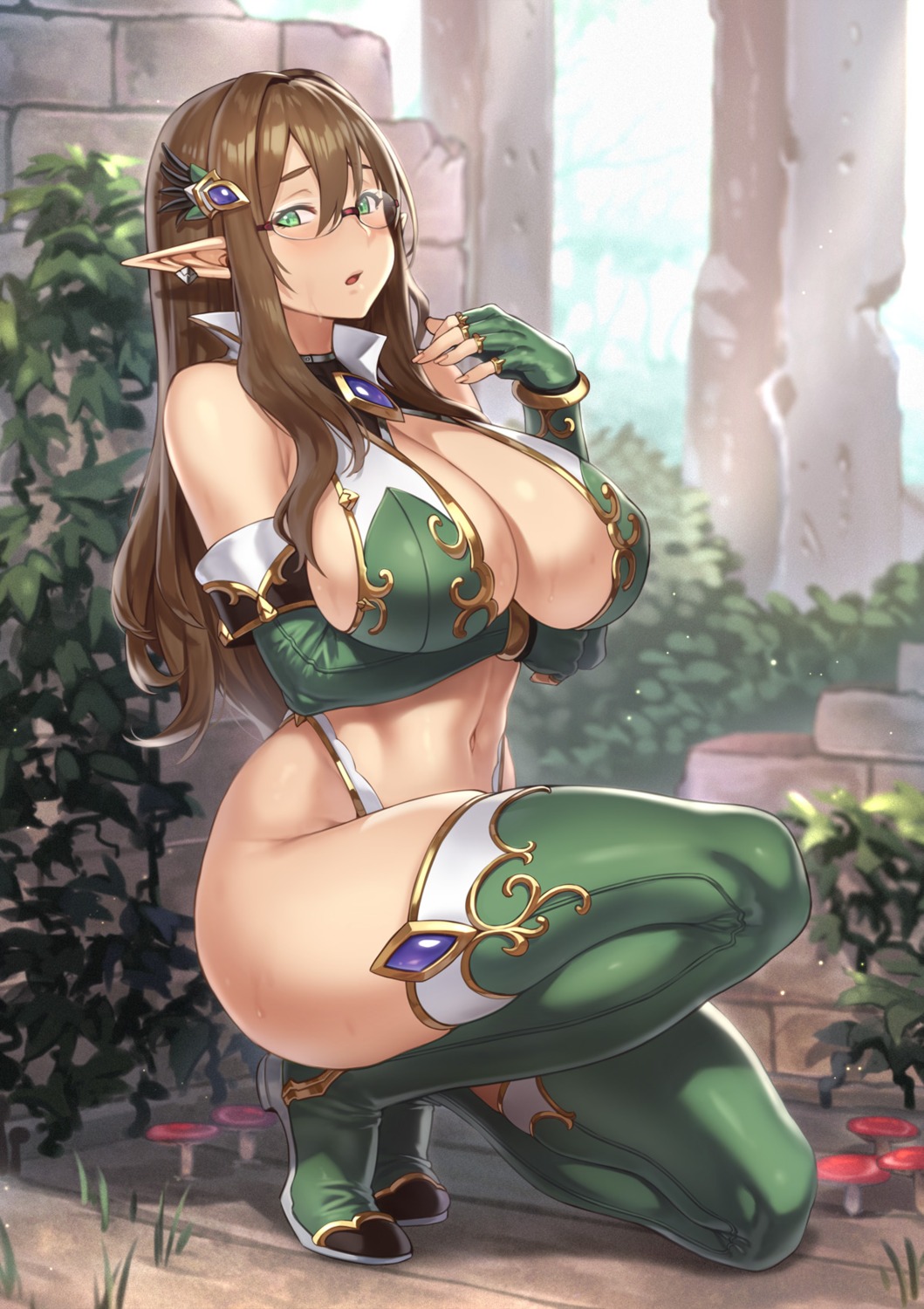 bikini_armor breast_hold cleavage houtengeki megane pointy_ears thighhighs