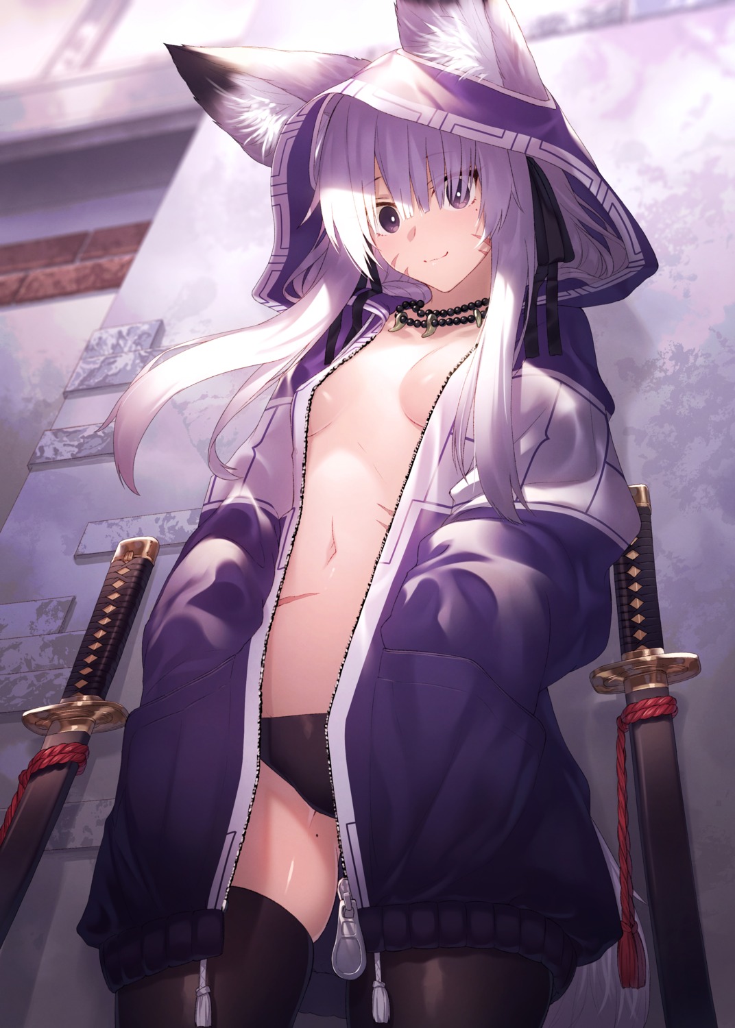 animal_ears no_bra open_shirt pantsu sword tail thighhighs