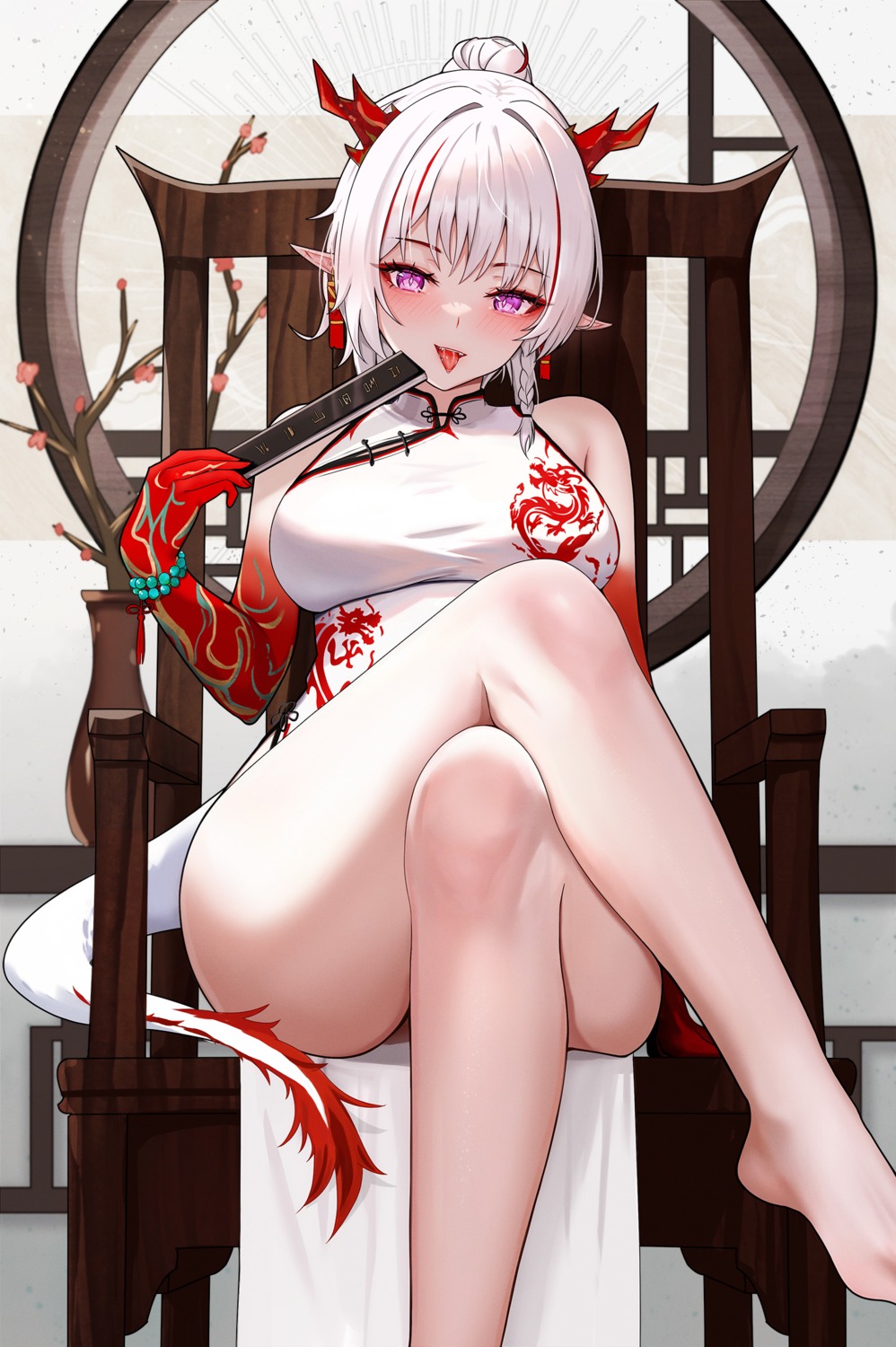 arknights chinadress floralmi horns nian_(arknights) pointy_ears tail