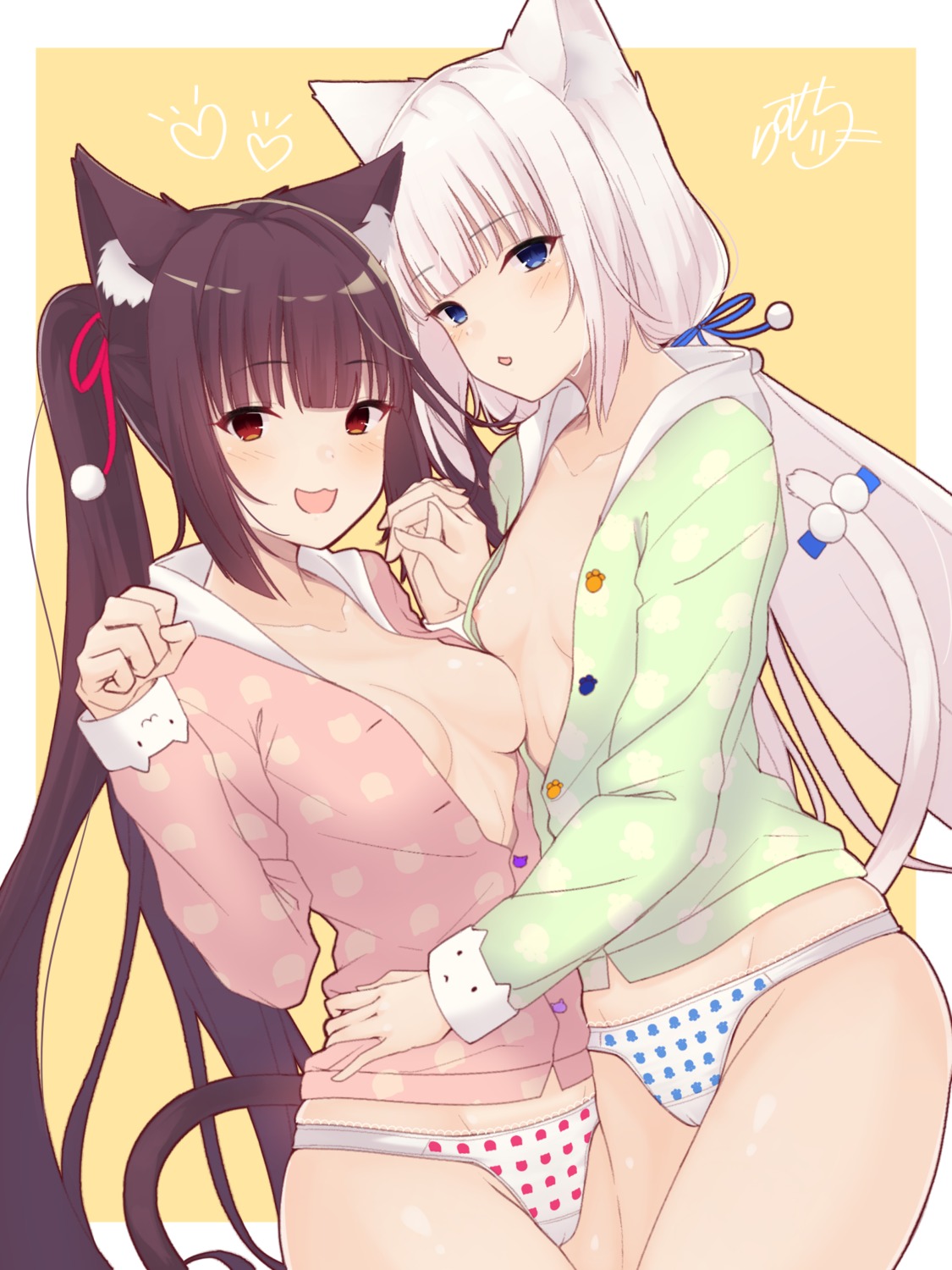 animal_ears breasts cameltoe chocola nekomimi nekopara nipples no_bra open_shirt pajama pantsu ramchi tail vanilla