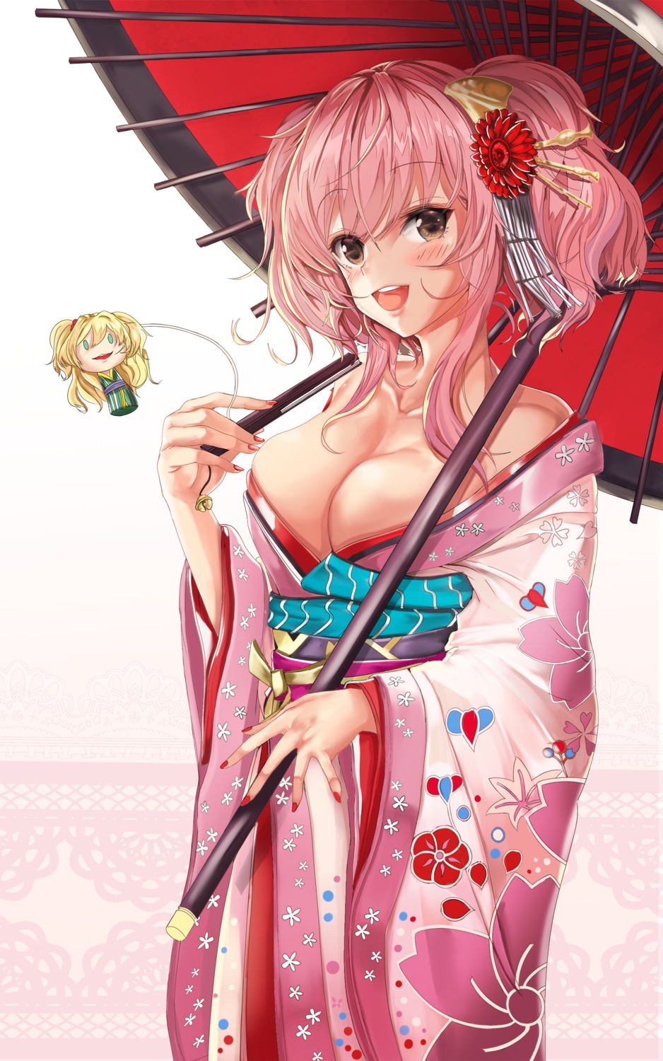 chibi cleavage jougasaki_mika jougasaki_rika kimono moonbo no_bra open_shirt the_idolm@ster the_idolm@ster_cinderella_girls umbrella