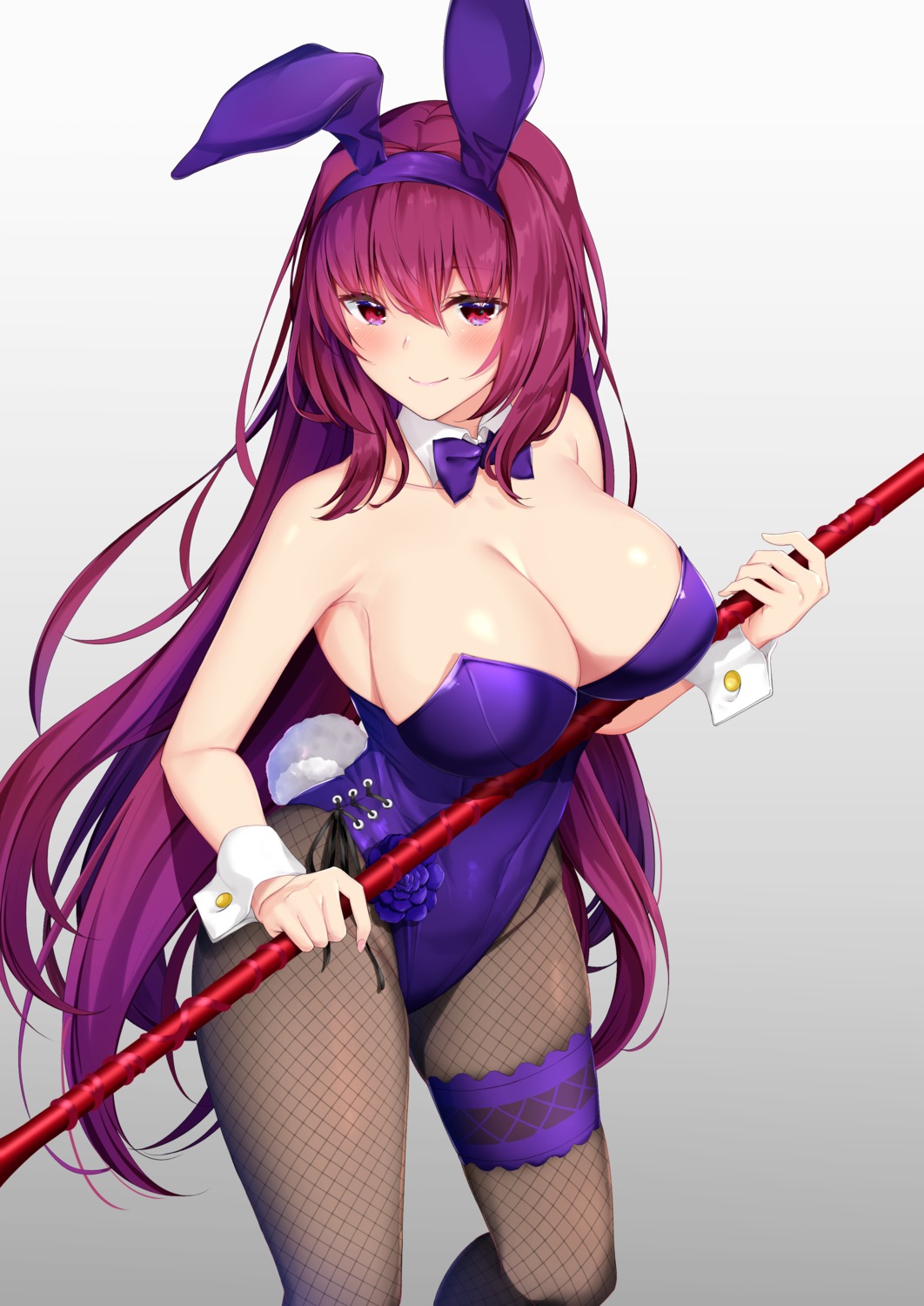 animal_ears bunny_ears bunny_girl fate/grand_order fishnets garter namaponpon_00 no_bra pantyhose scathach_(fate/grand_order) tail weapon
