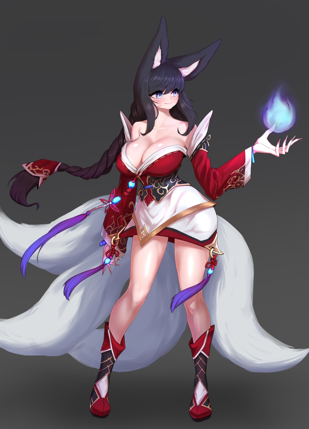 ahri animal_ears asian_clothes kitsune league_of_legends no_bra open_shirt tail yabby