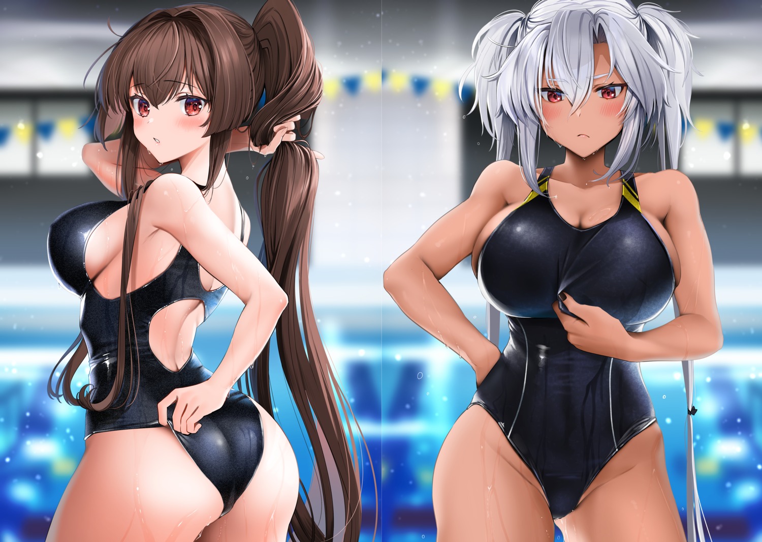 ass kantai_collection musashi_(kancolle) swimsuits wet yamato_(kancolle) yunamaro