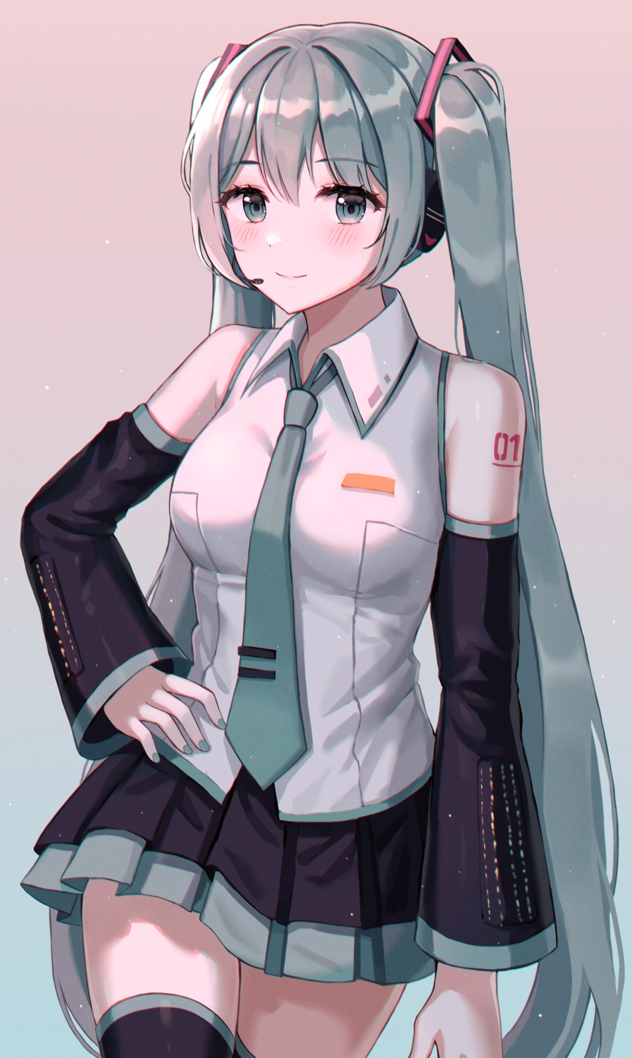 hatsune_miku headphones monjja tattoo thighhighs vocaloid