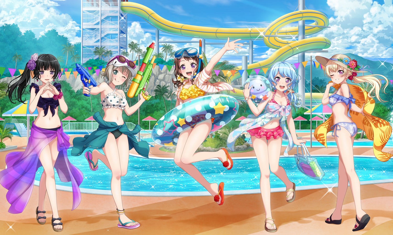 aoba_moca ass bang_dream! bikini cleavage gun matsubara_kanon megane open_shirt see_through shirasagi_chisato shirokane_rinko swimsuits tagme toyama_kasumi