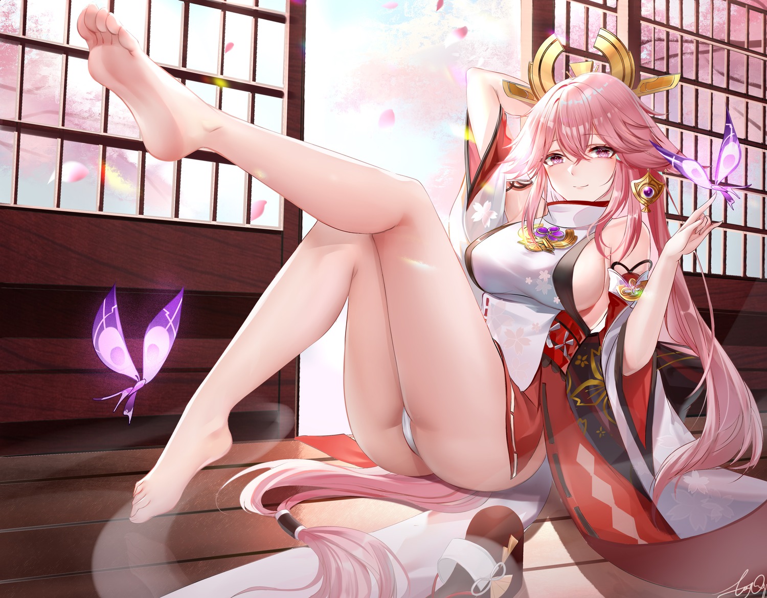 animal_ears cameltoe feet genshin_impact japanese_clothes kitsune no_bra pantsu qyan skirt_lift thong yae_miko