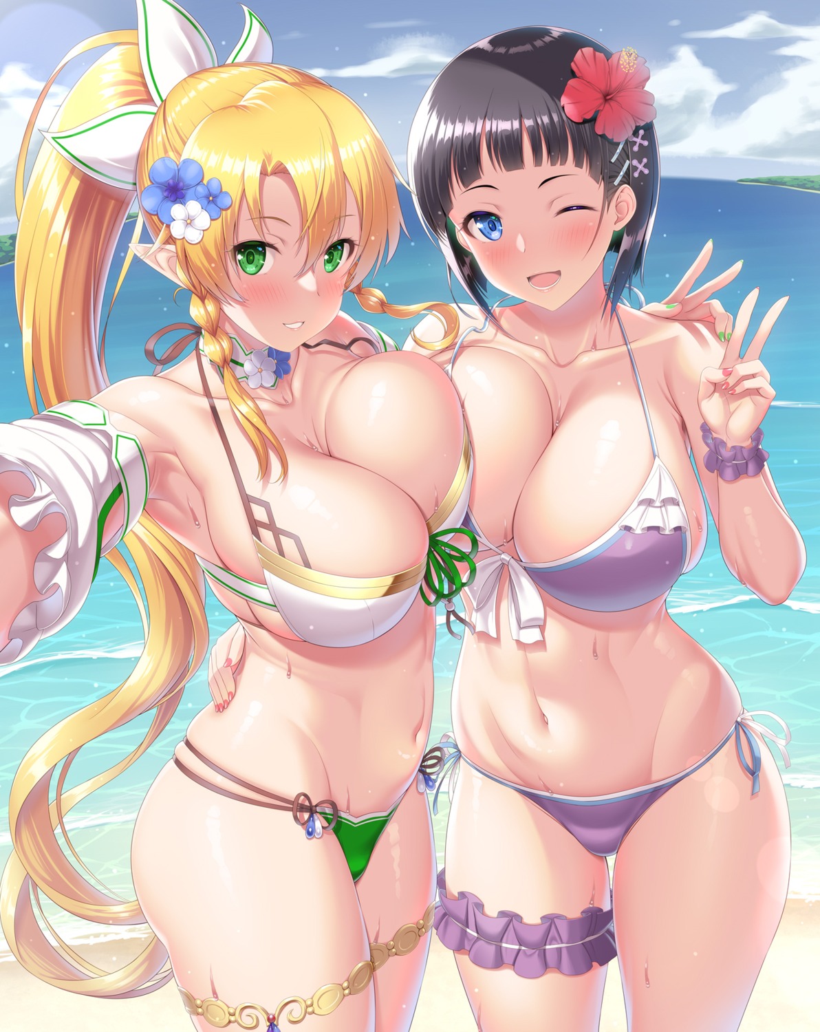 bikini garter kawase_seiki kirigaya_suguha leafa pointy_ears selfie swimsuits sword_art_online symmetrical_docking