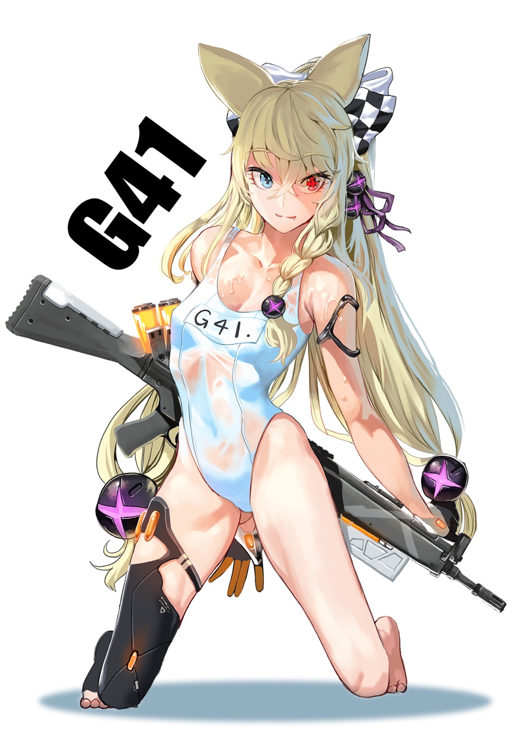 animal_ears g41_(girls_frontline) girls_frontline gun heterochromia ihobus see_through swimsuits thighhighs wet wet_clothes