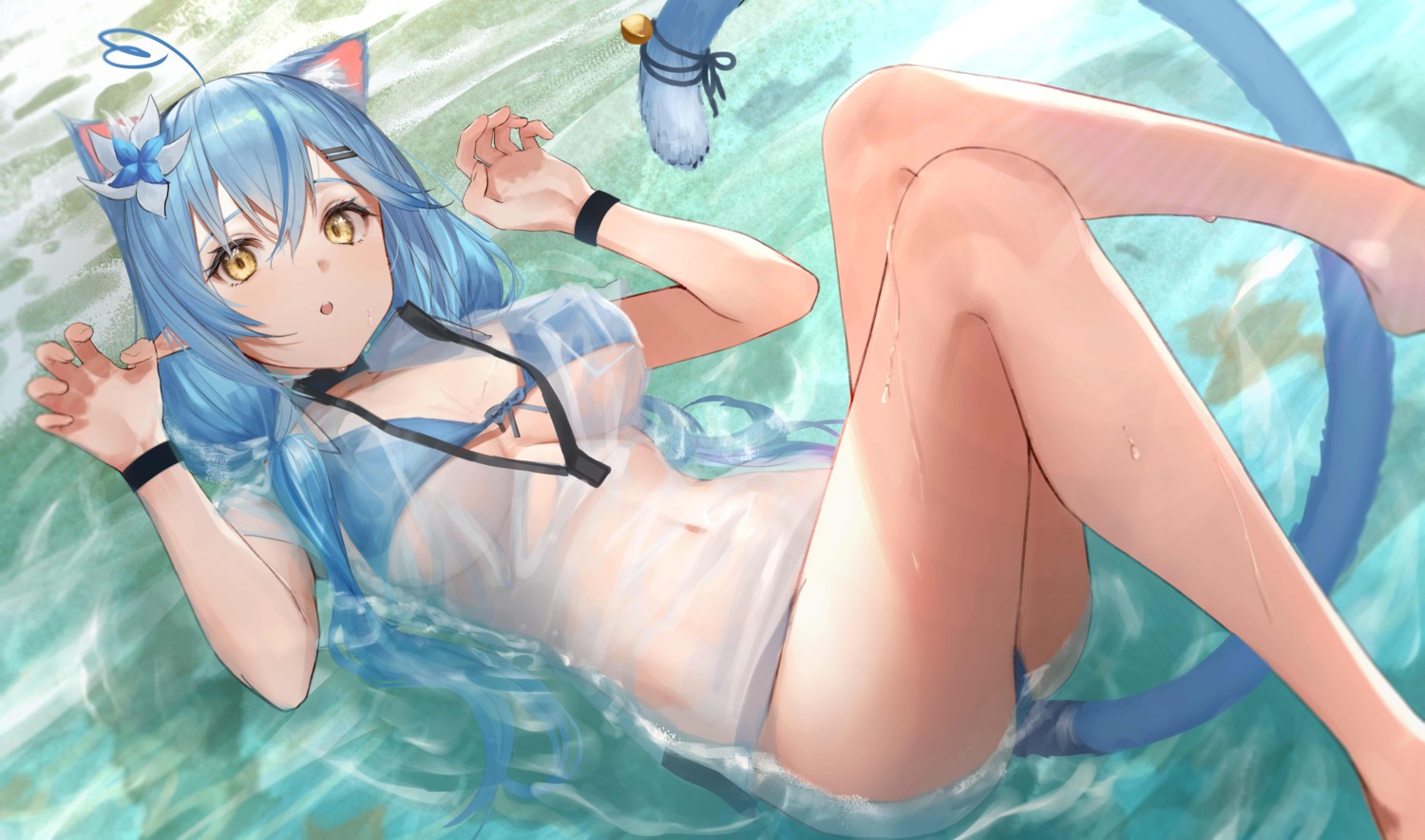 animal_ears bikini elf hololive nekomimi pointy_ears see_through swimsuits tail takubon wet wet_clothes yukihana_lamy