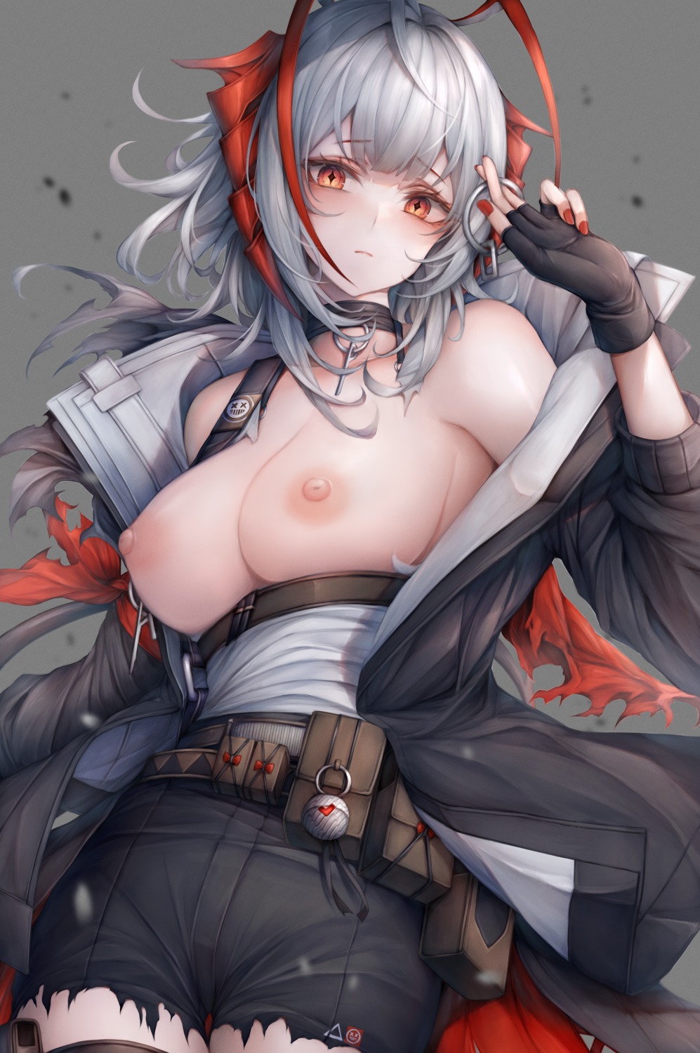 arknights breasts horns nipples no_bra open_shirt snm_(sunimi) torn_clothes transparent_png w_(arknights)