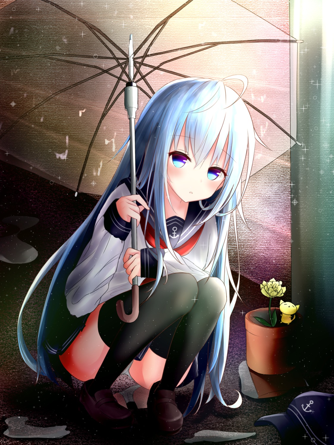 hibiki_(kancolle) kantai_collection kayakooooo pantsu seifuku thighhighs umbrella