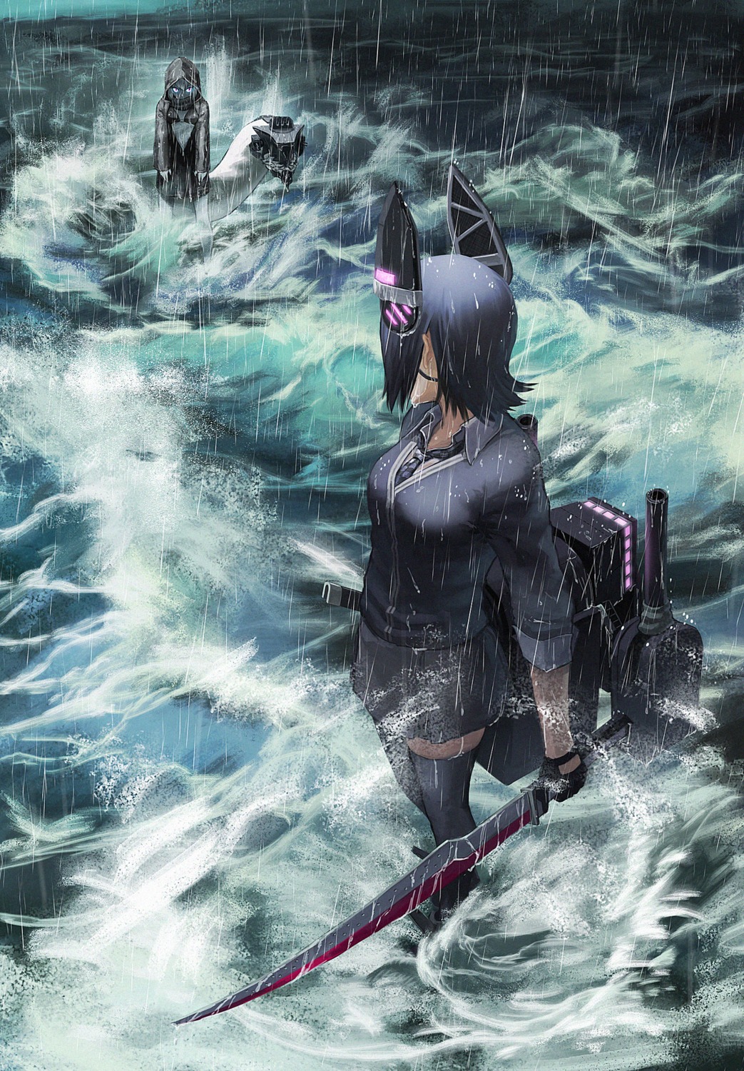 eyepatch kantai_collection re-class_battleship seifuku sword tail tenryuu_(kancolle) thighhighs wet yue_(tada_no_saboten)