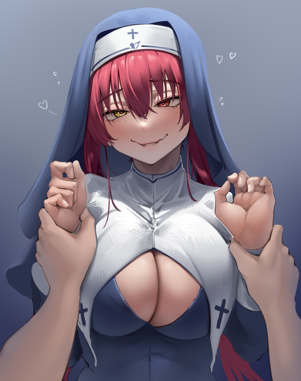 harris_hero heterochromia hololive houshou_marine no_bra nun open_shirt