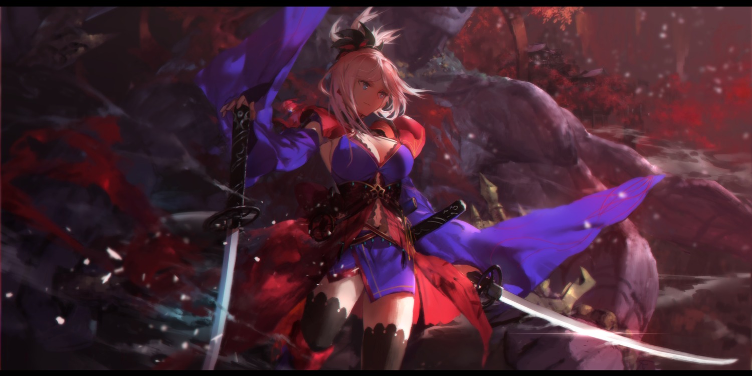 cleavage fate/grand_order japanese_clothes miyamoto_musashi_(fate/grand_order) swd3e2 sword thighhighs