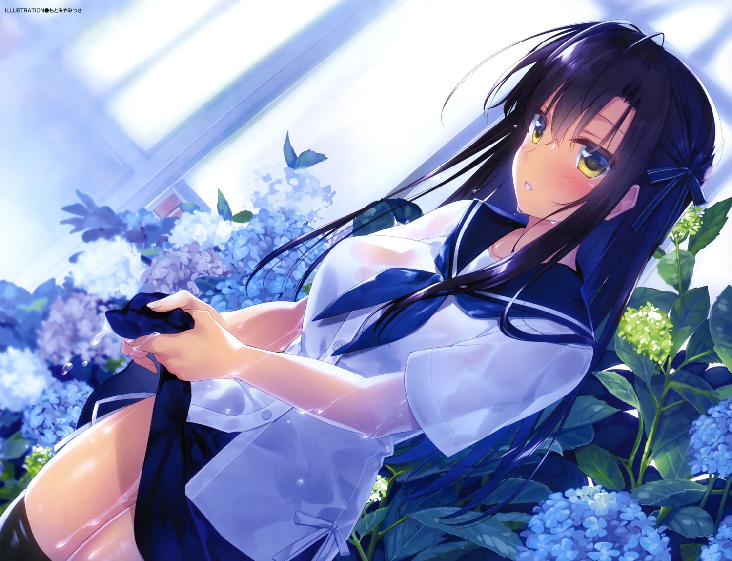 motomiya_mitsuki see_through seifuku skirt_lift thighhighs wet wet_clothes