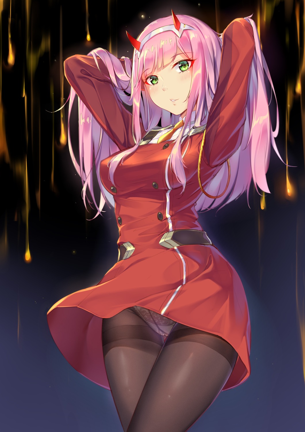 cameltoe darling_in_the_franxx horns pantsu pantyhose sgt-jz skirt_lift uniform zero_two_(darling_in_the_franxx)